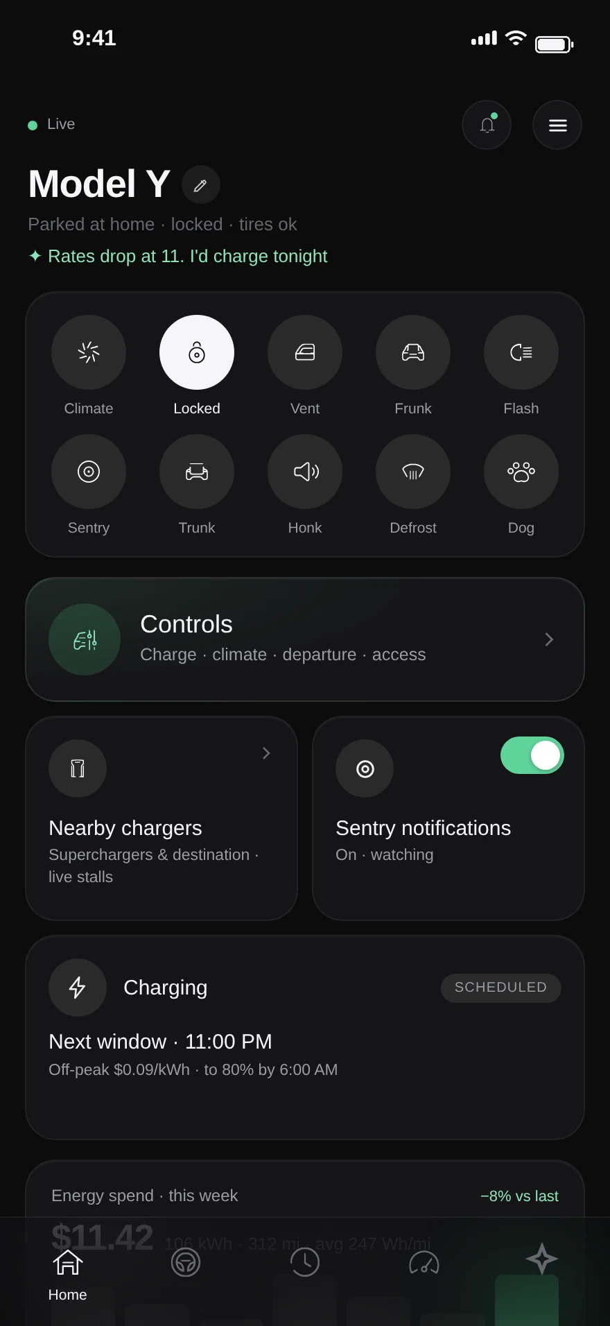 Home screen with controls